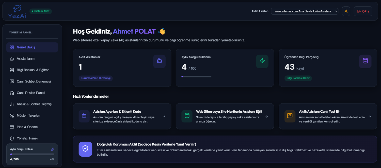 YazAi Akıllı Destek Asistanı Platformu Arayüzü